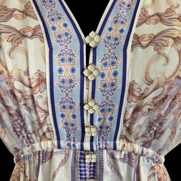 Hale Bob Boho Flowy Maxi Dress With V Neck, Border Print And Flower Buttons XS - Picture 3 of 9